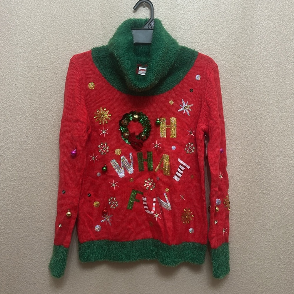 New women's HOLIDAY TIME OH WHAT FUN!! Ugly Christmas turtleneck sweater size S